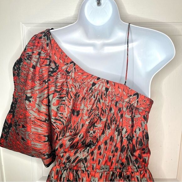 Angie One Shoulder Mini Dress Split Sleeve Feather Print Metal Bead Red Black S - Picture 8 of 10